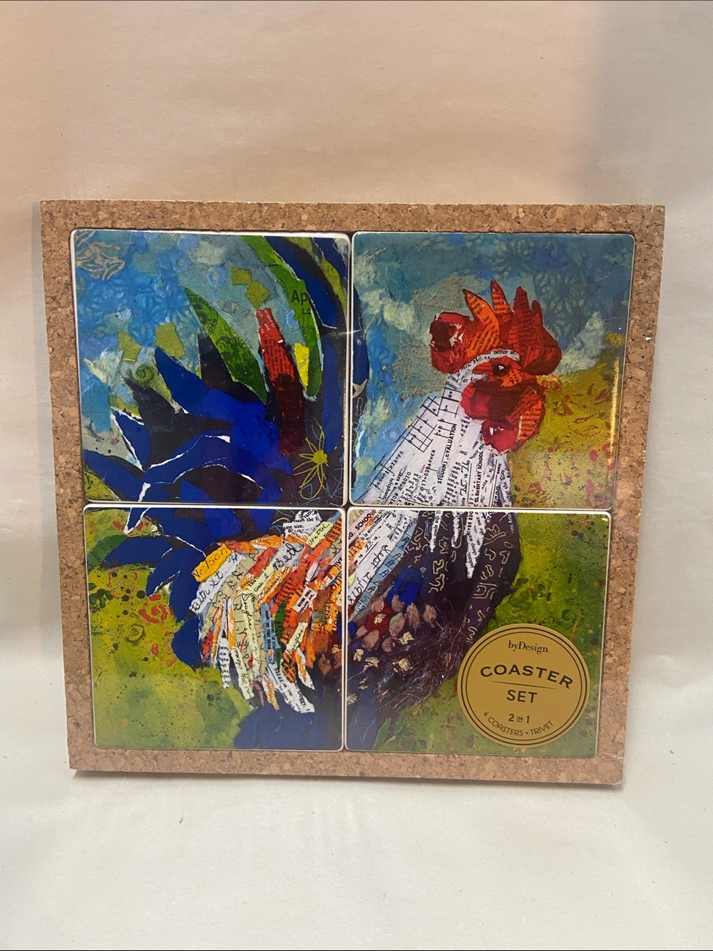 Demdaco Multicolor Rooster Coaster Set - Blue/Red/Green
